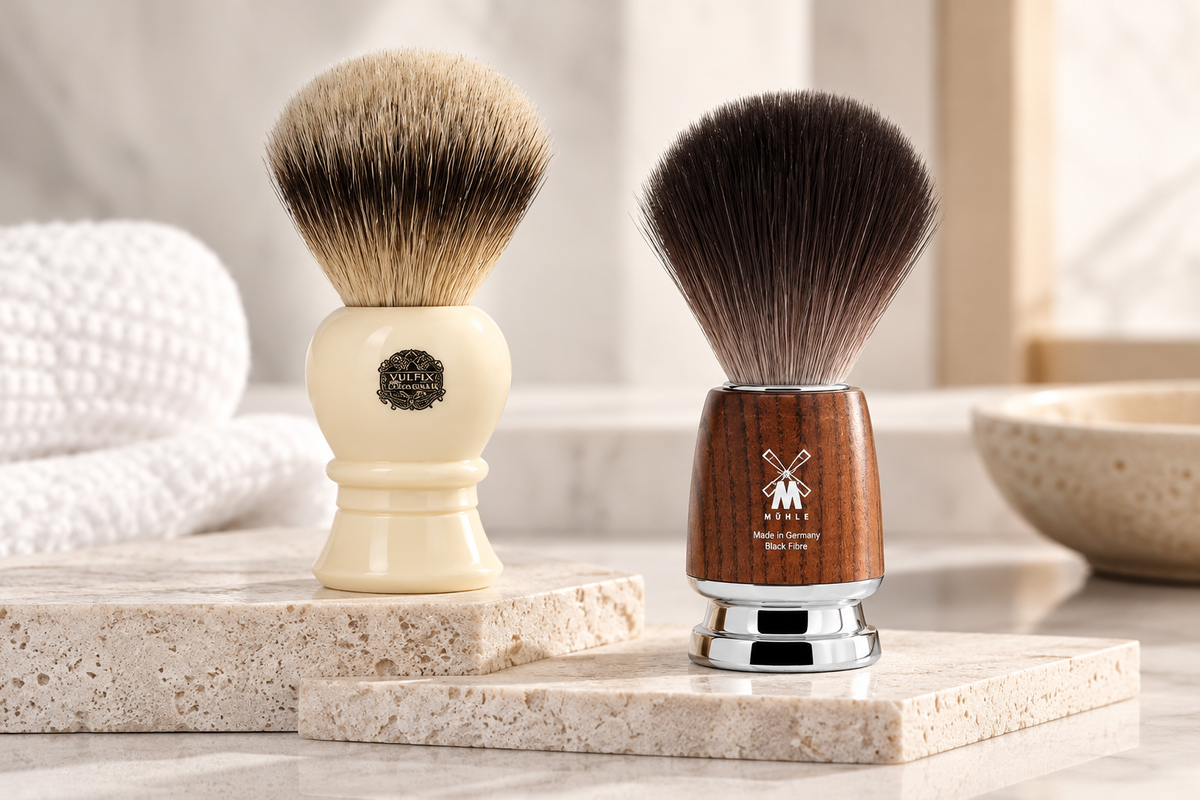 Badger and synthetic shaving brushes featuring Vulfix and MÜHLE