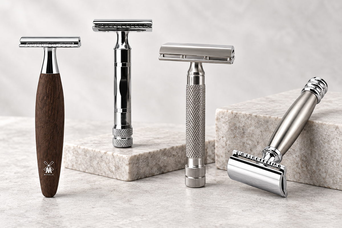 Safety razors for traditional wet shaving featuring MÜHLE, Parker, Merkur and RazoRock