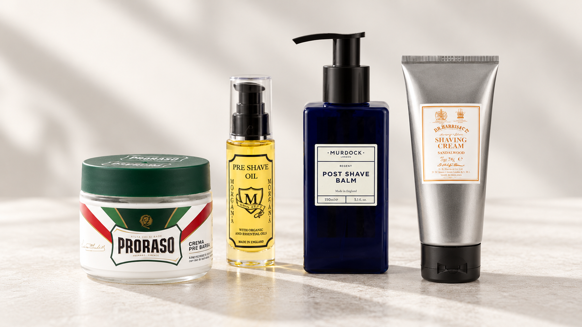 Pre-shave and shaving essentials featuring Proraso, Morgan’s, D R Harris and Murdock